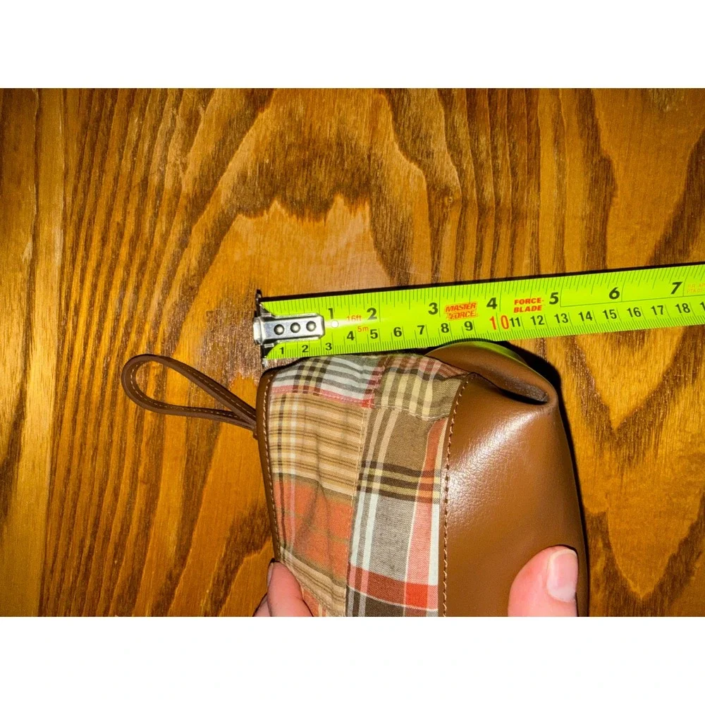 Ann Taylor LOFT Patchwork Plaid Cosmetic Bag Brown‎ Faux Leather Trim Clutch